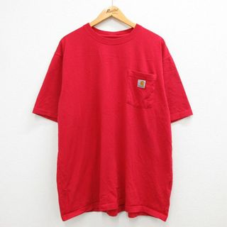 カーハートダブリューアイピー(Charhartt WIP)のXL★古着 カーハート Carhartt 半袖 ブランド Tシャツ メンズ ワンポイントロゴ 胸ポケット付き 大きいサイズ コットン クルーネック 赤 レッド 23mar16 中古(Tシャツ/カットソー(半袖/袖なし))