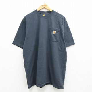 カーハートダブリューアイピー(Charhartt WIP)のXL★古着 カーハート Carhartt 半袖 ブランド Tシャツ メンズ ワンポイントロゴ 胸ポケット付き 大きいサイズ ロング丈 クルーネック 濃グレー 23mar16 中古(Tシャツ/カットソー(半袖/袖なし))