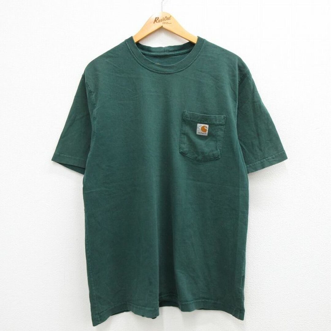 Charhartt WIP(カーハートダブリューアイピー)のXL★古着 カーハート Carhartt 半袖 ブランド Tシャツ メンズ ワンポイントロゴ コットン クルーネック 緑 グリーン 23mar16 中古 メンズのトップス(Tシャツ/カットソー(半袖/袖なし))の商品写真