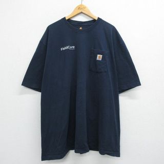 カーハートダブリューアイピー(Charhartt WIP)のXL★古着 カーハート Carhartt 半袖 ブランド Tシャツ メンズ ワンポイントロゴ フィールドコア 胸ポケット付き 大きいサイズ ロング丈 コットン クルーネック 紺 ネイビー 23mar13 中古(Tシャツ/カットソー(半袖/袖なし))