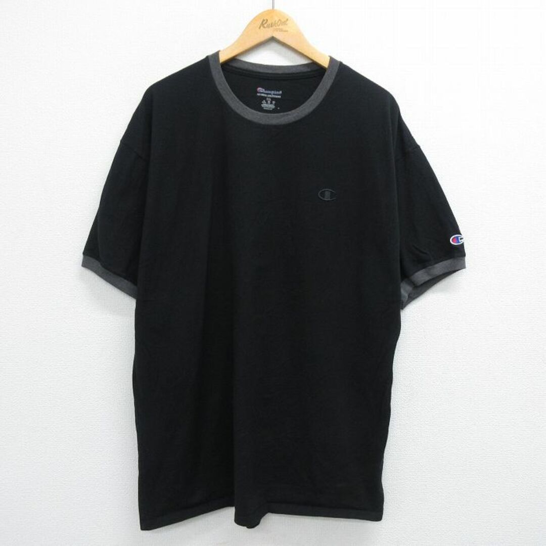 Champion(チャンピオン)のXL★古着 チャンピオン champion 半袖 ブランド Tシャツ メンズ ワンポイントロゴ 大きいサイズ コットン クルーネック 黒 ブラック リンガー 23mar13 中古 メンズのトップス(Tシャツ/カットソー(半袖/袖なし))の商品写真