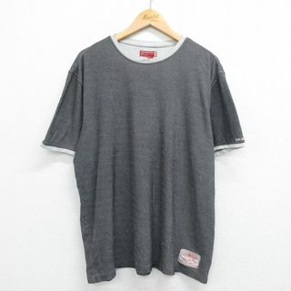 ゲス(GUESS)のXL★古着 ゲス GUESS 半袖 ブランド Tシャツ メンズ ワンポイントロゴ 大きいサイズ クルーネック 濃グレー リンガー 23mar13 中古(Tシャツ/カットソー(半袖/袖なし))