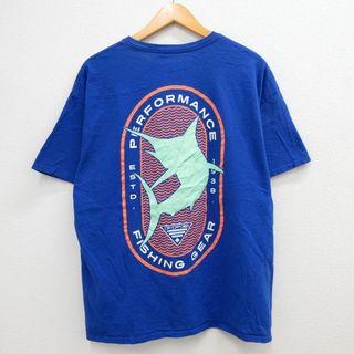 コロンビア(Columbia)のXL★古着 コロンビア COLUMBIA 半袖 ブランド Tシャツ メンズ カジキマグロ ワンポイントロゴ コットン クルーネック 青 ブルー 23mar30 中古(Tシャツ/カットソー(半袖/袖なし))