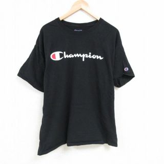 チャンピオン(Champion)のL★古着 チャンピオン Champion 半袖 ブランド Tシャツ メンズ ビッグロゴ コットン クルーネック 黒 ブラック 23mar25 中古(Tシャツ/カットソー(半袖/袖なし))