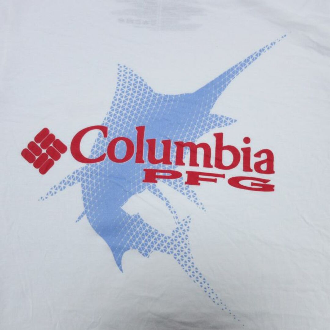 Columbia(コロンビア)のL★古着 コロンビア COLUMBIA Columbia 半袖 ブランド Tシャツ メンズ ビッグロゴ PFG カジキ コットン クルーネック 白 ホワイト 23mar25 中古 メンズのトップス(Tシャツ/カットソー(半袖/袖なし))の商品写真