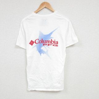 コロンビア(Columbia)のL★古着 コロンビア COLUMBIA Columbia 半袖 ブランド Tシャツ メンズ ビッグロゴ PFG カジキ コットン クルーネック 白 ホワイト 23mar25 中古(Tシャツ/カットソー(半袖/袖なし))