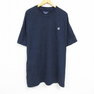 チャンピオン(Champion)のXL★古着 チャンピオン Champion 半袖 ブランド Tシャツ メンズ ワンポイントロゴ 大きいサイズ ロング丈 クルーネック 紺 ネイビー 23mar28 中古(Tシャツ/カットソー(半袖/袖なし))