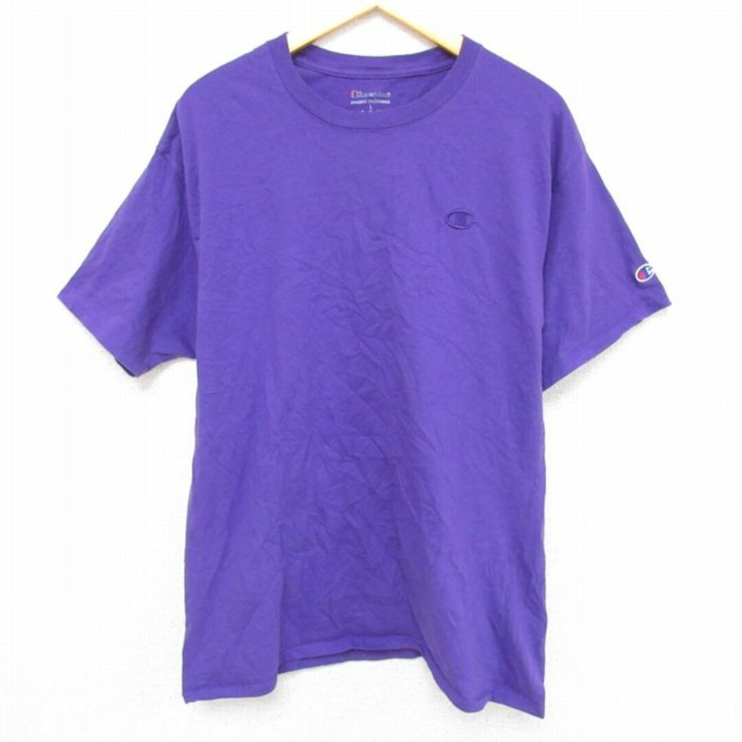 Champion(チャンピオン)のM★古着 チャンピオン Champion 半袖 ブランド Tシャツ メンズ ワンポイントロゴ コットン クルーネック 紫 パープル 23mar29 中古 メンズのトップス(Tシャツ/カットソー(半袖/袖なし))の商品写真