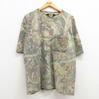 リバティ(LIBERTY.)のXL★古着 リバティ 半袖 ビンテージ Tシャツ メンズ 90年代 90s 胸ポケット付き コットン クルーネック 茶他 ブラウン 迷彩 23mar03 中古(Tシャツ/カットソー(半袖/袖なし))