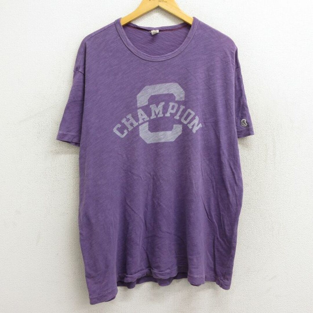 Champion(チャンピオン)のXL★古着 チャンピオン champion 半袖 Tシャツ メンズ ビッグロゴ ランナーズタグ 大きいサイズ クルーネック カナダ製 紫 パープル 霜降り 23mar04 中古 メンズのトップス(Tシャツ/カットソー(半袖/袖なし))の商品写真