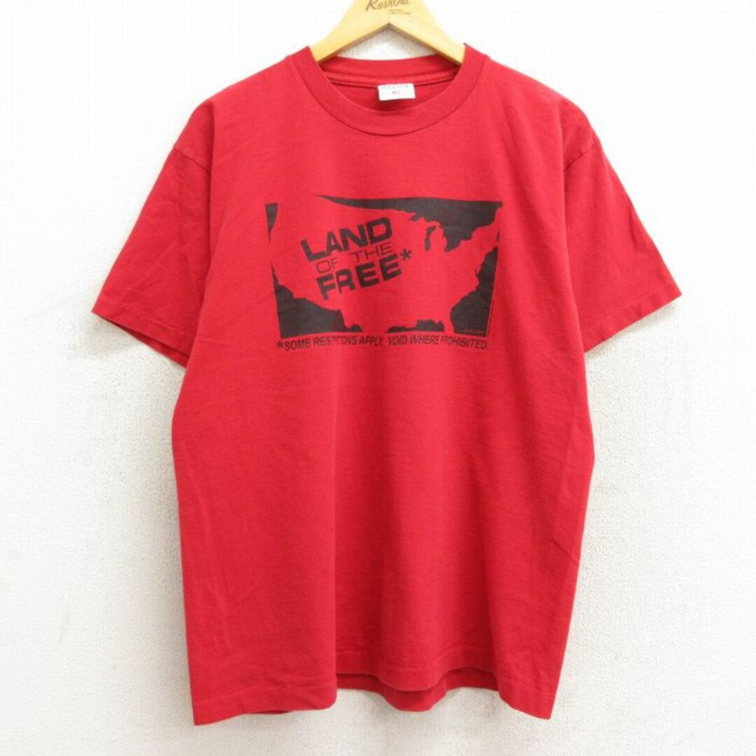 L★古着 半袖 ビンテージ Tシャツ メンズ 90年代 90s LAND OF THE FREE コットン クルーネック USA製 赤 レッド 23mar04 中古 メンズのトップス(Tシャツ/カットソー(半袖/袖なし))の商品写真