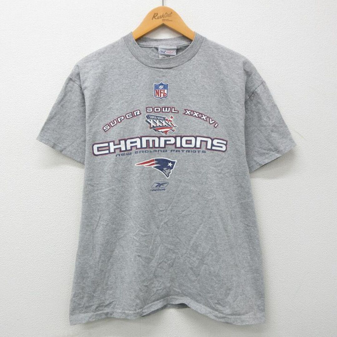 Reebok(リーボック)のL★古着 リーボック REEBOK 半袖 ビンテージ Tシャツ メンズ 00年代 00s NFL ニューイングランドペイトリオッツ ワンポイントロゴ グレー 霜降り アメフト スーパーボウル 23mar16 中古 メンズのトップス(Tシャツ/カットソー(半袖/袖なし))の商品写真