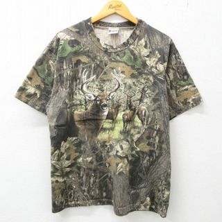 L★古着 半袖 ビンテージ Tシャツ メンズ 90年代 90s シカ 木 葉 モッシーオーク コットン クルーネック USA製 茶系 ブラウン 迷彩 23mar06 中古(Tシャツ/カットソー(半袖/袖なし))