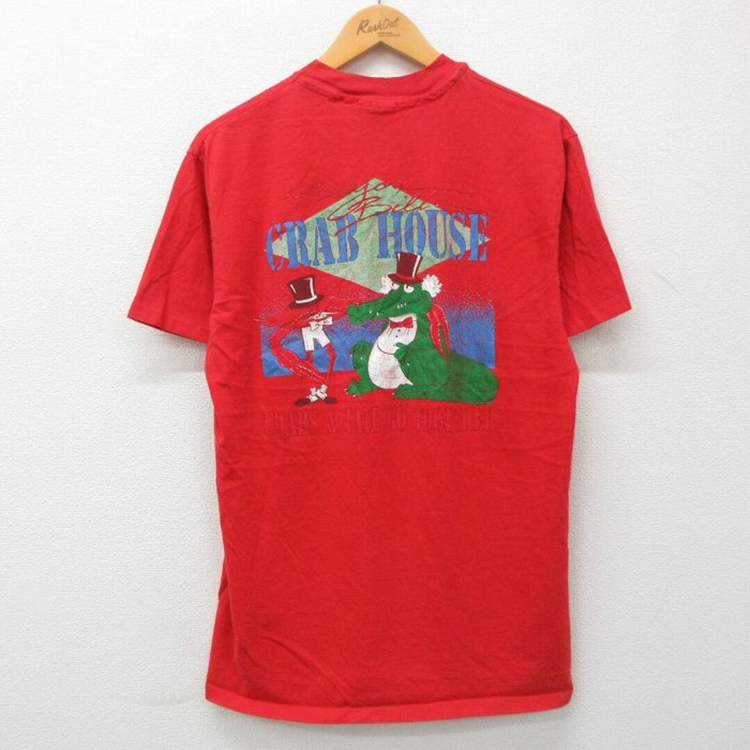 Hanes(ヘインズ)のL★古着 ヘインズ Hanes 半袖 ビンテージ Tシャツ メンズ 90年代 90s CRABHOUSE ワニ カニ コットン クルーネック USA製 赤 レッド 23mar06 中古 メンズのトップス(Tシャツ/カットソー(半袖/袖なし))の商品写真