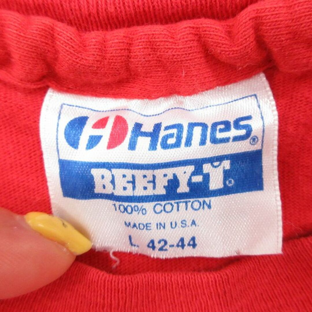 Hanes(ヘインズ)のL★古着 ヘインズ Hanes 半袖 ビンテージ Tシャツ メンズ 90年代 90s CRABHOUSE ワニ カニ コットン クルーネック USA製 赤 レッド 23mar06 中古 メンズのトップス(Tシャツ/カットソー(半袖/袖なし))の商品写真