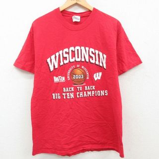 ヘインズ(Hanes)のM★古着 ヘインズ Hanes 半袖 ビンテージ Tシャツ メンズ 00年代 00s WISCONSIN BIG TEN バスケットボール コットン クルーネック 赤 レッド 23mar17 中古(Tシャツ/カットソー(半袖/袖なし))