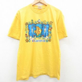 XL★古着 半袖 ビンテージ Tシャツ メンズ 90年代 90s カーニバル 魚 イカリ ヨット コットン クルーネック 黄 イエロー 23mar16 中古(Tシャツ/カットソー(半袖/袖なし))