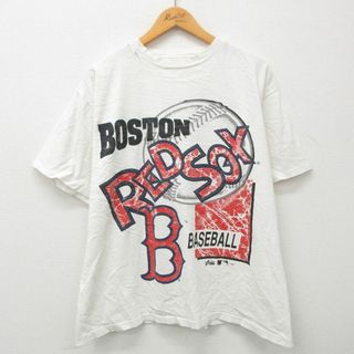 マジェスティック(Majestic)のXL★古着 マジェスティック 半袖 ビンテージ Tシャツ メンズ 90年代 90s MLB ボストンレッドソックス クルーネック 白 ホワイト メジャーリーグ ベースボール 野球 23mar16 中古(Tシャツ/カットソー(半袖/袖なし))