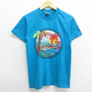 ヘインズ(Hanes)のS★古着 ヘインズ Hanes 半袖 ビンテージ Tシャツ メンズ 90年代 90s Arlington Echo 木 鳥 クルーネック USA製 水色 23mar10 中古(Tシャツ/カットソー(半袖/袖なし))