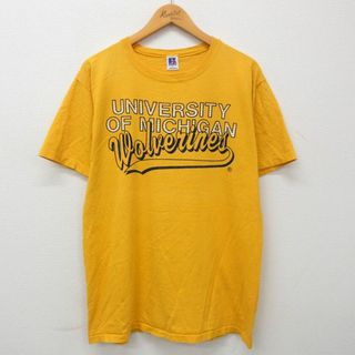 XL★古着 ラッセル 半袖 ビンテージ Tシャツ メンズ 80年代 80s ミシガンウルヴァリンズ コットン クルーネック USA製 黄 イエロー 23mar16 中古(Tシャツ/カットソー(半袖/袖なし))