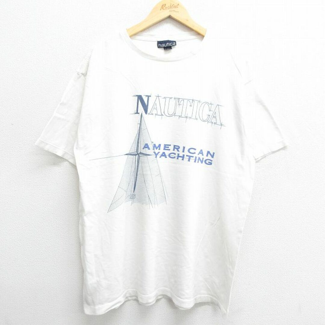 NAUTICA(ノーティカ)のXL★古着 ノーティカ NAUTICA 半袖 ビンテージ ブランド Tシャツ メンズ 90年代 90s ビッグロゴ アメリカンヨット 大きいサイズ コットン クルーネック USA製 白 ホワイト 23mar18 中古 メンズのトップス(Tシャツ/カットソー(半袖/袖なし))の商品写真