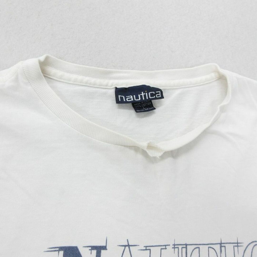 NAUTICA(ノーティカ)のXL★古着 ノーティカ NAUTICA 半袖 ビンテージ ブランド Tシャツ メンズ 90年代 90s ビッグロゴ アメリカンヨット 大きいサイズ コットン クルーネック USA製 白 ホワイト 23mar18 中古 メンズのトップス(Tシャツ/カットソー(半袖/袖なし))の商品写真