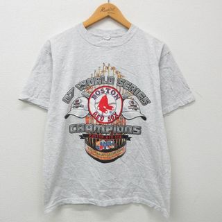 L★古着 半袖 ビンテージ Tシャツ メンズ 00年代 00s MLB ボストンレッドソックス ワールドシリーズ クルーネック 薄グレー 霜降り メジャーリーグ ベースボール 野球 23mar11 中古(Tシャツ/カットソー(半袖/袖なし))