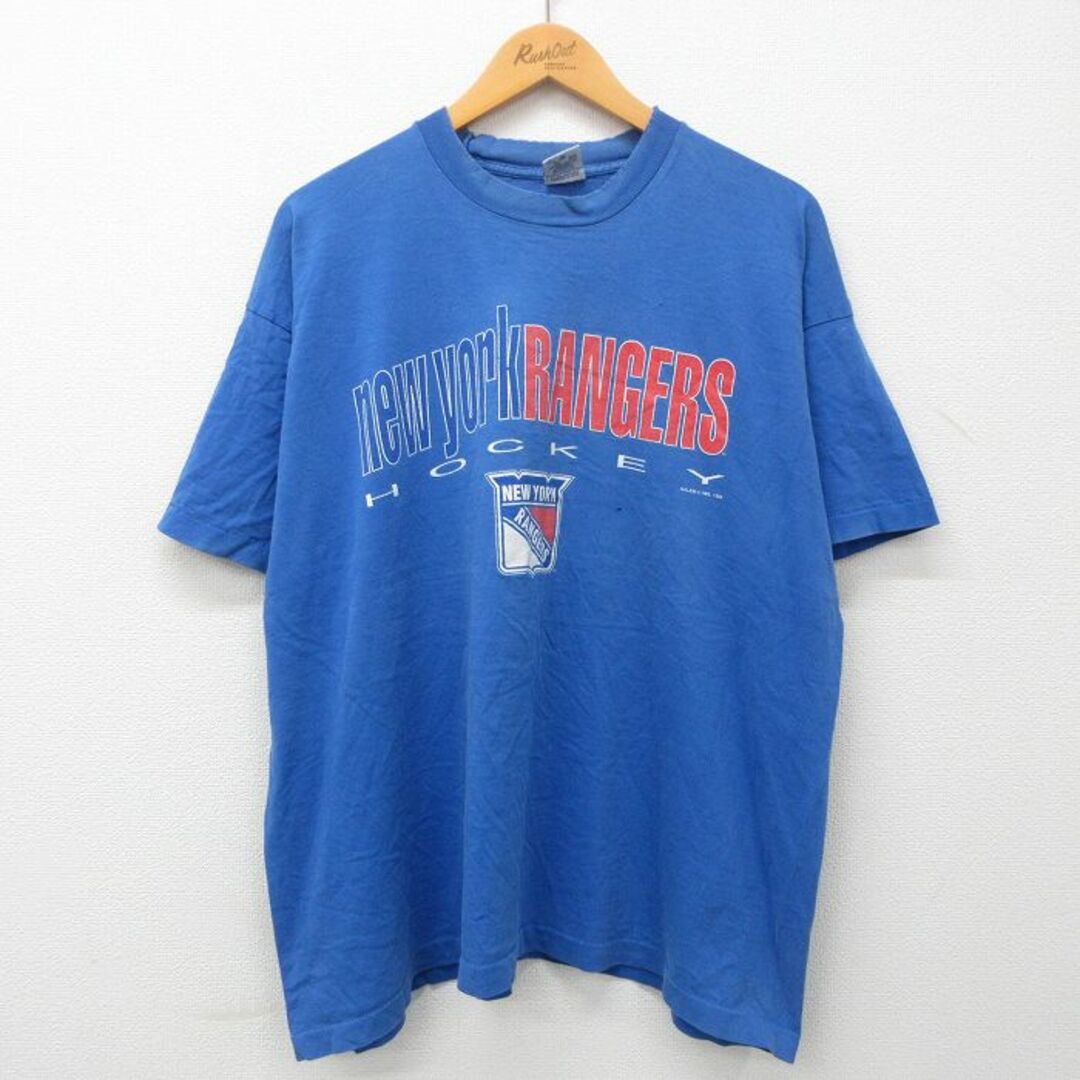 XL★古着 半袖 ビンテージ Tシャツ メンズ 90年代 90s NHL ニューヨークレンジャーズ 大きいサイズ コットン クルーネック USA製 青 ブルー アイスホッケー 23mar11 中古 メンズのトップス(Tシャツ/カットソー(半袖/袖なし))の商品写真