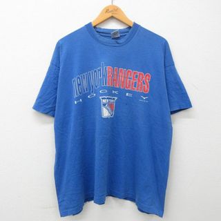 XL★古着 半袖 ビンテージ Tシャツ メンズ 90年代 90s NHL ニューヨークレンジャーズ 大きいサイズ コットン クルーネック USA製 青 ブルー アイスホッケー 23mar11 中古(Tシャツ/カットソー(半袖/袖なし))