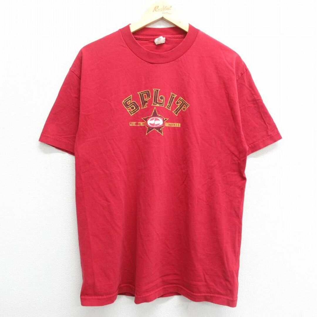 L★古着 半袖 ビンテージ Tシャツ メンズ 90年代 90s SPLIT コットン クルーネック 赤 レッド 23mar18 中古 メンズのトップス(Tシャツ/カットソー(半袖/袖なし))の商品写真