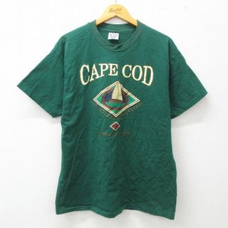 ヘインズ(Hanes)のL★古着 ヘインズ Hanes 半袖 ビンテージ Tシャツ メンズ 90年代 90s ケープコッド ヨット コットン クルーネック 濃緑 グリーン 23mar13 中古(Tシャツ/カットソー(半袖/袖なし))