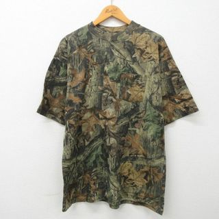 XL★古着 半袖 ビンテージ Tシャツ メンズ 90年代 90s 胸ポケット付き メッシュ地 USA製 濃茶他 ブラウン 迷彩 23mar13 中古(Tシャツ/カットソー(半袖/袖なし))