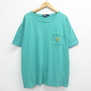 ラルフローレン(Ralph Lauren)のXL★古着 ラルフローレン Ralph Lauren 半袖 ブランド ビンテージ Tシャツ メンズ 90年代 90s エンブレム 胸ポケット付き 大きいサイズ コットン クルーネック USA製 緑 グリーン 23mar14 中古(Tシャツ/カットソー(半袖/袖なし))