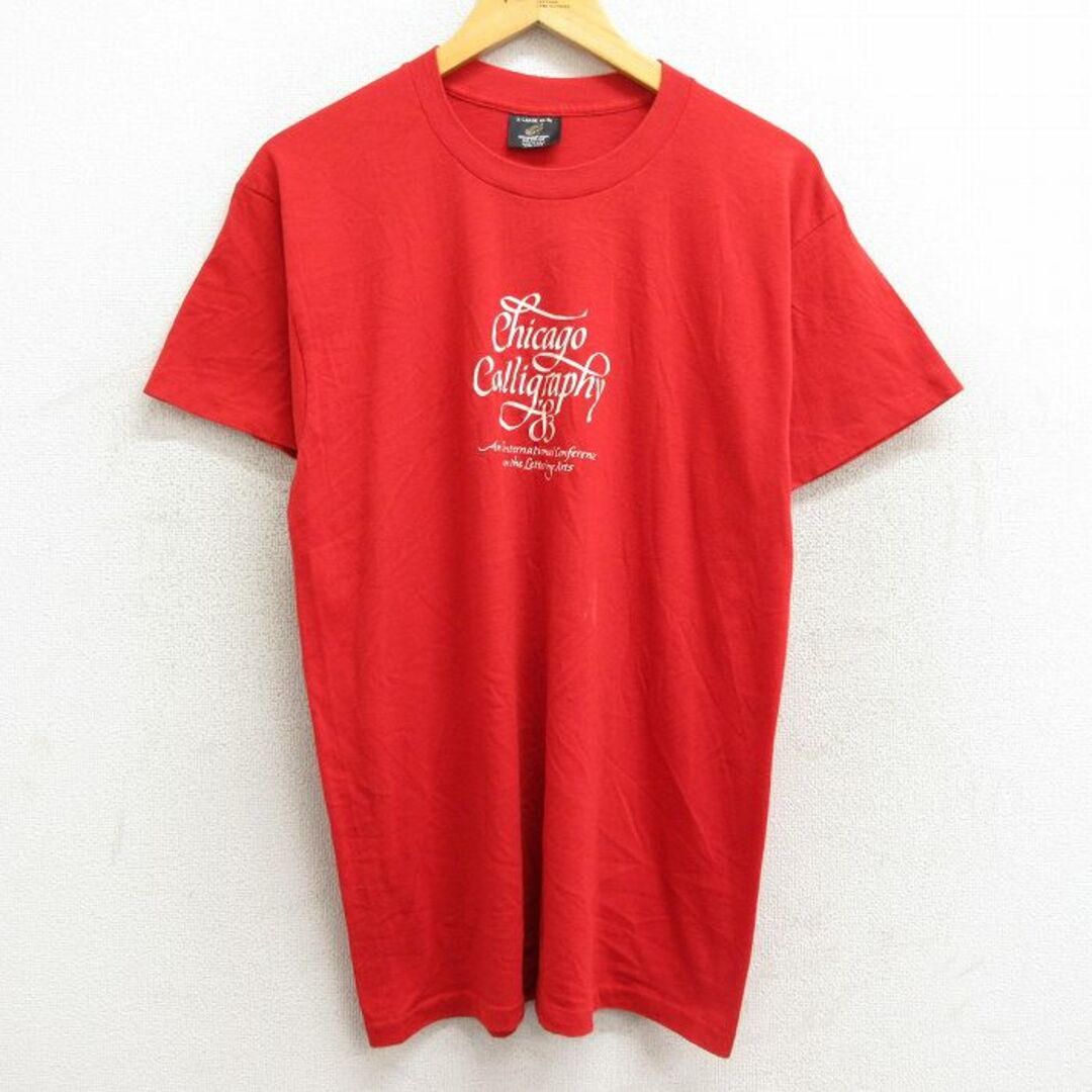 L★古着 半袖 ビンテージ Tシャツ メンズ 80年代 80s シカゴ Callingraphy クルーネック USA製 赤 レッド 23mar14 中古 メンズのトップス(Tシャツ/カットソー(半袖/袖なし))の商品写真