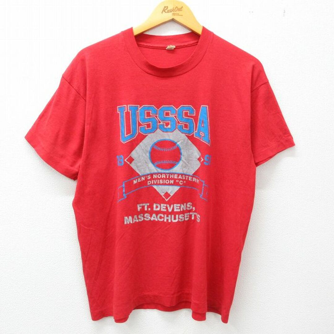 L★古着 半袖 ビンテージ Tシャツ メンズ 90年代 90s USSSA 野球 ボール クルーネック USA製 赤 レッド 23mar14 中古 メンズのトップス(Tシャツ/カットソー(半袖/袖なし))の商品写真