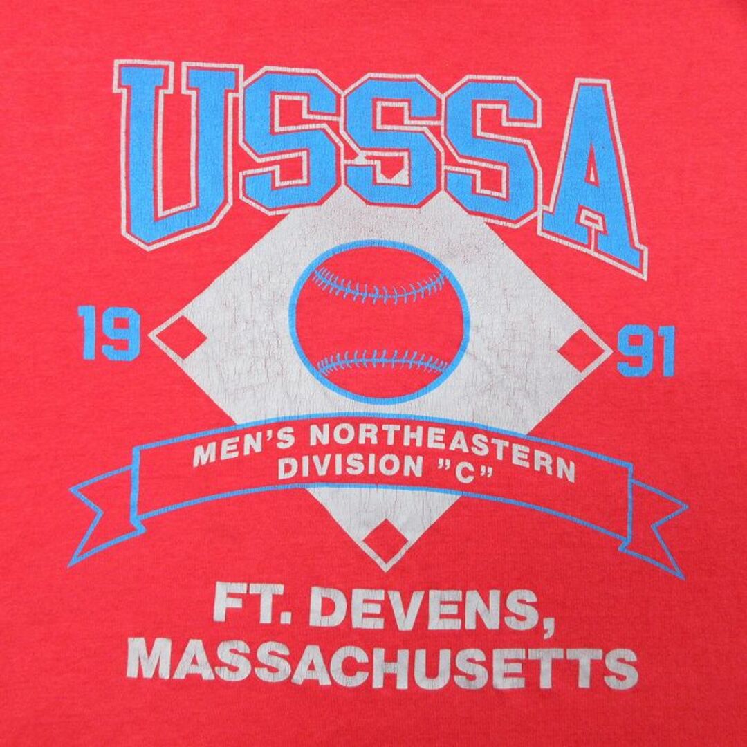 L★古着 半袖 ビンテージ Tシャツ メンズ 90年代 90s USSSA 野球 ボール クルーネック USA製 赤 レッド 23mar14 中古 メンズのトップス(Tシャツ/カットソー(半袖/袖なし))の商品写真