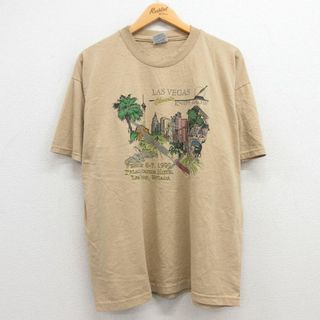 ヘインズ(Hanes)のXL★古着 ヘインズ Hanes 半袖 ビンテージ Tシャツ メンズ 90年代 90s ラスベガス 剣 建物 スカル 大きいサイズ クルーネック ベージュ カーキ 【spe】 23mar14 中古(Tシャツ/カットソー(半袖/袖なし))