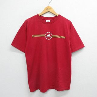 アディダス(adidas)のL★古着 アディダス adidas 半袖 ビンテージ Tシャツ メンズ 90年代 90s ワンポイントロゴ コットン クルーネック USA製 赤 レッド 23mar14 中古(Tシャツ/カットソー(半袖/袖なし))