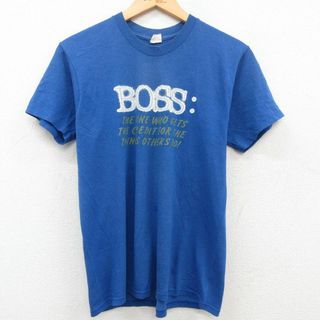 ボス(BOSS)のM★古着 半袖 ビンテージ Tシャツ メンズ 80年代 80s BOSS ボス クルーネック USA製 青 ブルー 23mar15 中古(Tシャツ/カットソー(半袖/袖なし))