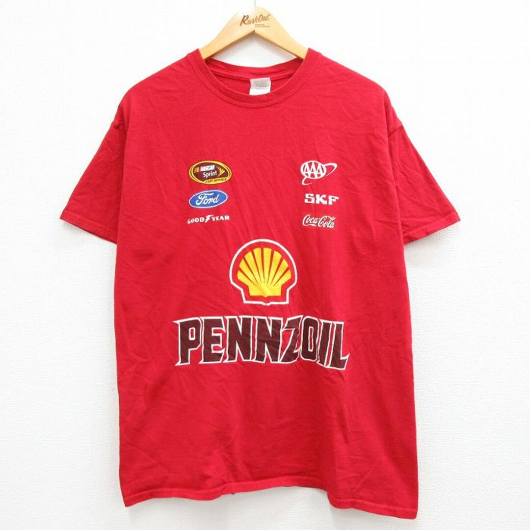 L★古着 半袖 ビンテージ Tシャツ メンズ 00年代 00s シェル PENNZOIL 企業広告 コットン クルーネック 赤 レッド 23mar22 中古 メンズのトップス(Tシャツ/カットソー(半袖/袖なし))の商品写真