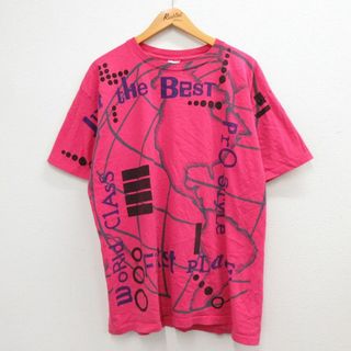 XL★古着 半袖 ビンテージ Tシャツ メンズ 90年代 90s Just the Best 地球 全面プリント コットン クルーネック USA製 濃ピンク 【spe】 23mar22 中古(Tシャツ/カットソー(半袖/袖なし))