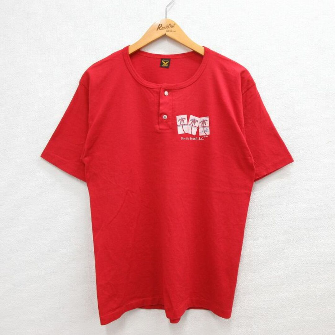 L★古着 半袖 ビンテージ Tシャツ メンズ 80年代 80s Myrrle Beach ヤシの木 ヘンリーネック 赤 レッド 23mar22 中古 メンズのトップス(Tシャツ/カットソー(半袖/袖なし))の商品写真