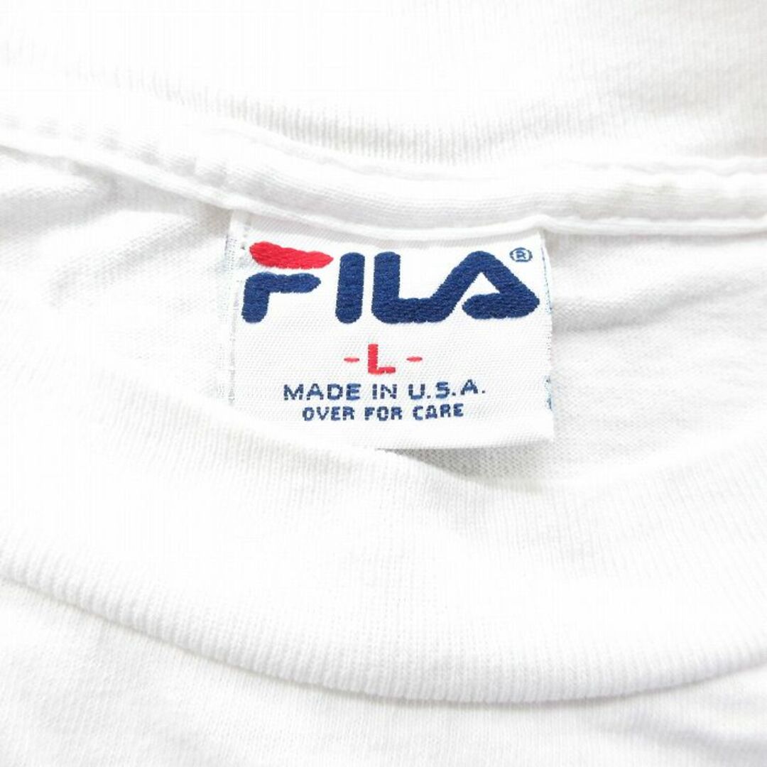 FILA(フィラ)のXL★古着 フィラ FILA 半袖 ビンテージ Tシャツ メンズ 90年代 90s ビッグロゴ 大きいサイズ コットン クルーネック USA製 白 ホワイト 23mar24 中古 メンズのトップス(Tシャツ/カットソー(半袖/袖なし))の商品写真