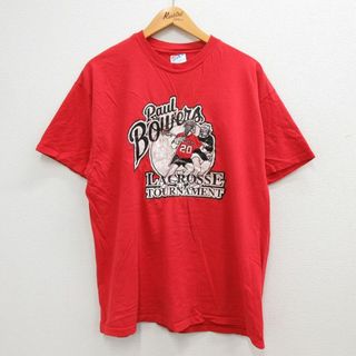 ヘインズ(Hanes)のXL★古着 ヘインズ Hanes 半袖 ビンテージ Tシャツ メンズ 90年代 90s ラクロス コットン クルーネック USA製 赤 レッド 23mar24 中古(Tシャツ/カットソー(半袖/袖なし))