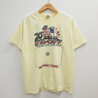 XL★古着 半袖 ビンテージ Tシャツ メンズ 00年代 00s ブタ RIB OFF 企業広告 コットン クルーネック 黄 イエロー 【spe】 23mar25 中古(Tシャツ/カットソー(半袖/袖なし))