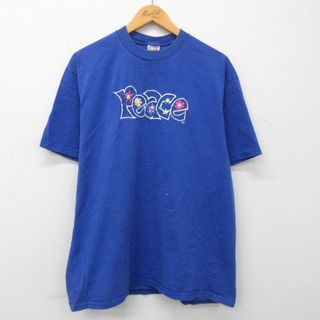 XL★古着 半袖 ビンテージ Tシャツ メンズ 90年代 90s Peace 花 刺繍 コットン クルーネック 青 ブルー 23mar27 中古(Tシャツ/カットソー(半袖/袖なし))