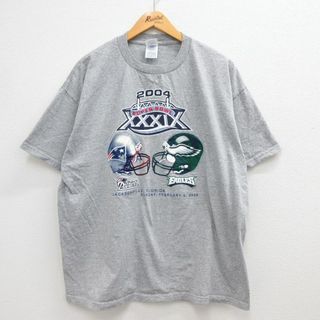 フィラ(FILA)のXL★古着 半袖 ビンテージ Tシャツ メンズ 00年代 00s NFL ニューイングランドペイトリオッツ フィラデルフィアイーグルス 大きいサイズ クルーネック グレー 霜降り アメフト スーパーボウル 23mar28 中古(Tシャツ/カットソー(半袖/袖なし))