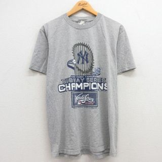 リー(Lee)のL★古着 リー Lee 半袖 ビンテージ Tシャツ メンズ 00年代 00s MLB ニューヨークヤンキース ワールドシリーズ クルーネック グレー 霜降り メジャーリーグ ベースボール 野球 23mar28 中古(Tシャツ/カットソー(半袖/袖なし))