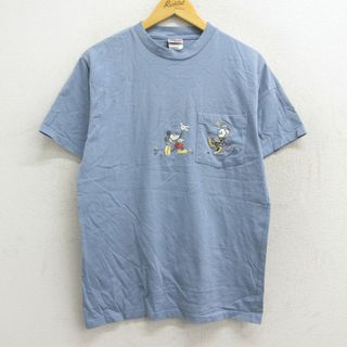 ディズニー(Disney)のL★古着 半袖 ビンテージ Tシャツ メンズ 00年代 00s ディズニー DISNEY ミッキー MICKEY MOUSE ミニー 刺繍 胸ポケット付き コットン クルーネック 薄紺 ネイビー 23mar29 中古(Tシャツ/カットソー(半袖/袖なし))