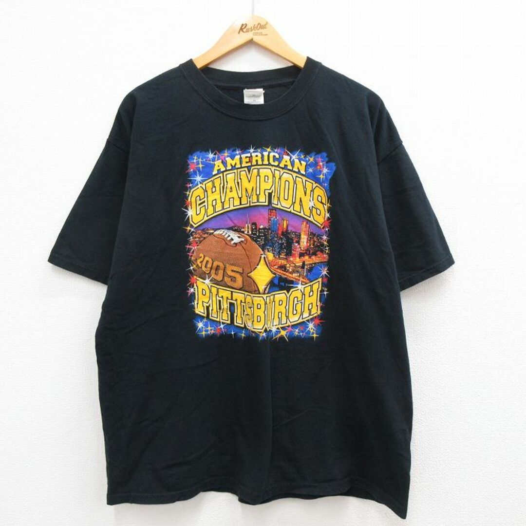 Champion(チャンピオン)のXL★古着 半袖 ビンテージ Tシャツ メンズ 00年代 00s NFL ピッツバーグスティーラーズ アメリカンチャンピオンズ 2005 大きいサイズ コットン クルーネック 黒 ブラック アメフト スーパーボウル 23mar29 中古 メンズのトップス(Tシャツ/カットソー(半袖/袖なし))の商品写真